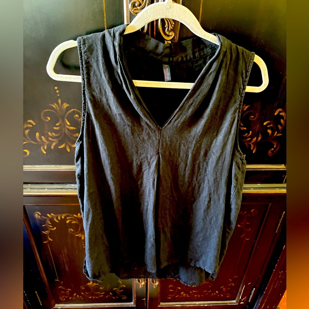 INIZIO black 100% linen made in Italy tank top sleeveless shirt